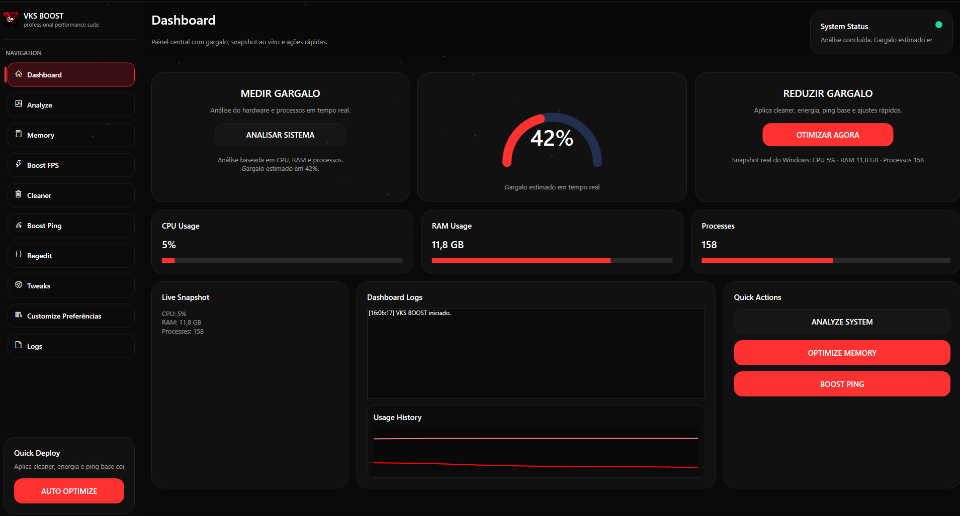 Painel do aplicativo VKS BOOST